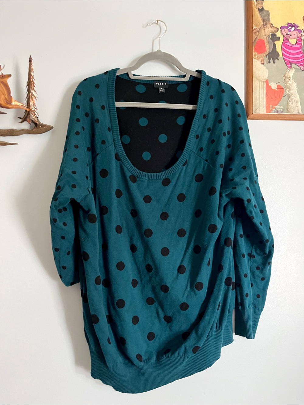 Torrid Polka Dot Sweater Size 3 Teal Black Scoop Neck Plus Size